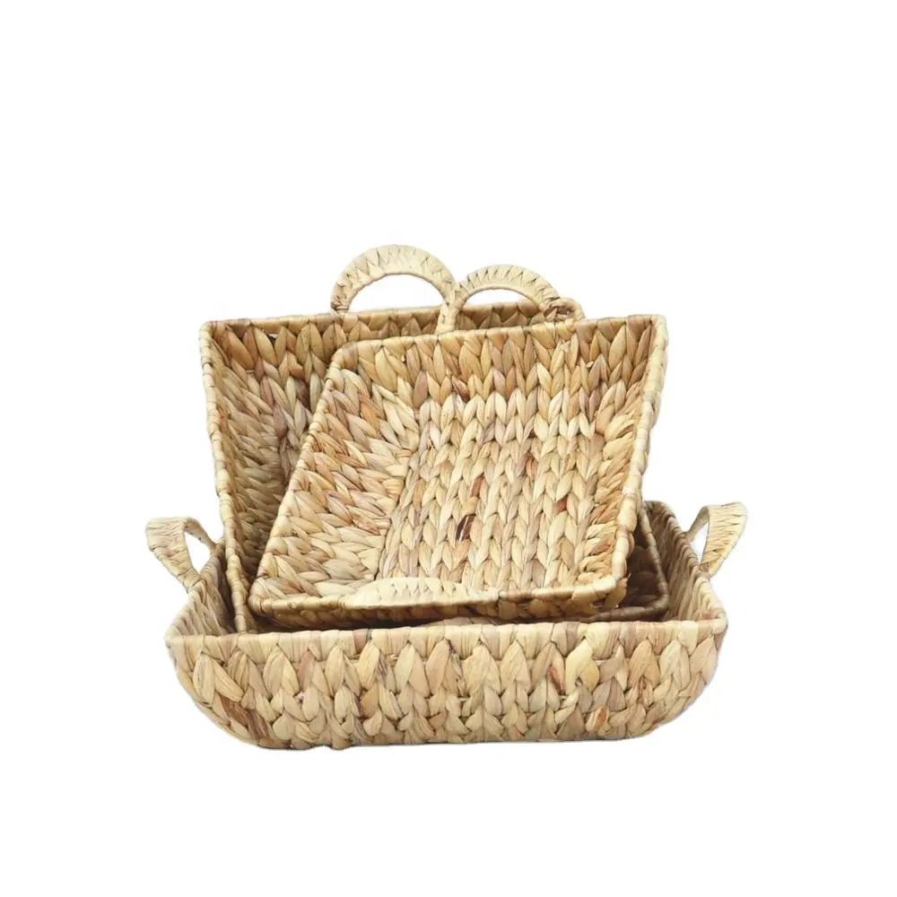 XH S/3 Rectangular handmade woven natural Water Hyacinth Woven Tray set with Handles