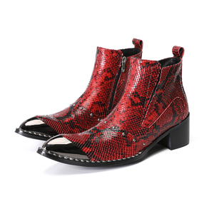 Bottes de <span class=keywords><strong>moto</strong></span> de luxe NA878 rouges pour hommes, en cuir véritable, à fermeture éclair, style punk, bottines gothiques à <span class=keywords><strong>talon</strong></span> <span class=keywords><strong>haut</strong></span> en cuir de vachette, chaussures de fête et de mariage - Product Image 1