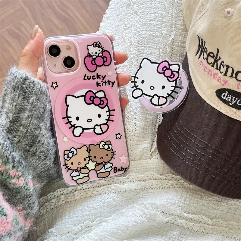 Popular en Ins con Hello Cute Kitty soporte para teléfono funda magnética de silicona para teléfono móvil para iPhone 11 12 13 14 15 Plus/pro Max