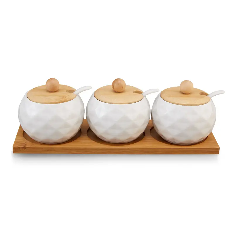 Vaso per condimenti per spezie in vaso di argilla di bambù naturale di vendita caldo con vassoio di copertura in bambù vaso per condimenti in porcellana per uso domestico