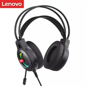 Lenovo G80B หูฟังเล่นเกมแบบมีสาย,หูฟังเล่นเกมแบบครอบหูเย็น RGB LED Light Usb หูฟังมีสายสำหรับฟังเพลงคอมพิวเตอร์พร้อมไมโครโฟน