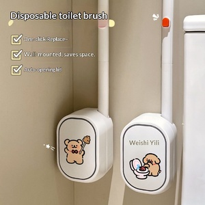 Cepillo de inodoro de esponja de dibujos animados, bonito, no pegajoso, montado en la pared, con estropajo y mango, desechable, para limpieza de baño sin rincones muertos - Product Image 4