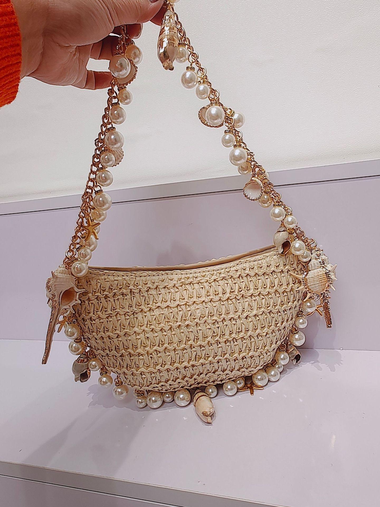 Spring and Summer New Zipper Handbag Conch Straw Woven