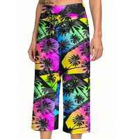 Pantalones cortos con estampado de palmeras tropicales de neón para mujer, pantalones capri de yoga de cintura alta con cordón, patrón geométrico, ropa de verano