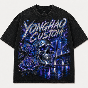 <span class=keywords><strong>T</strong></span>-<span class=keywords><strong>Shirt</strong></span> Y2K Gotica con Grafica Teschio e Rosa Metallizzata, <span class=keywords><strong>Vintage</strong></span>, Lavaggio Acido, Oversize, Cotone Pesante, Logo Personalizzato YongHao, Streetwear - Product Image 1