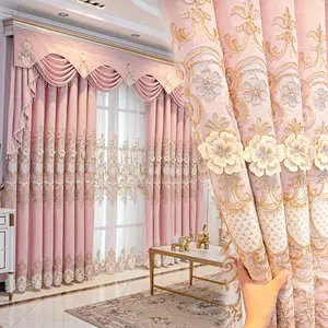Hot Selling Home Luxury Ready Made Beaded Crystal Jacquard Hotel Office Window Embroidery Curtain With Valance Designs