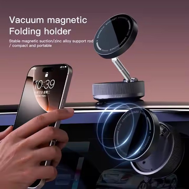 Zinc Alloy High Quality Car Suction Cup Stand Foldable Vacuum Magnetic Suction Phone Holder for iphone 16 15 Pro Max for huawei