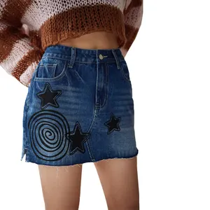 Women printed denim skater skirt star graphic distressed denim skirt pattern