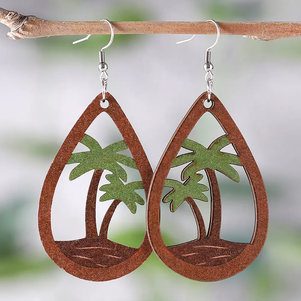 Nuovi orecchini pendenti con albero di cocco da spiaggia in stile hawaiano per le donne orecchini pendenti con acqua in legno cavo geometrico a doppia faccia