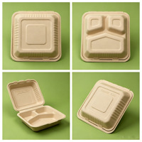 Boîte à lunch jetable écologique en bagasse de canne à sucre, 3 compartiments, compostable, biodégradable, sans PFAS