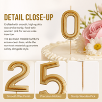Bougies d'anniversaire en gros, non toxiques, dorées mates, chiffres 0-9, pour décoration de gâteaux et desserts, avec contour pailleté