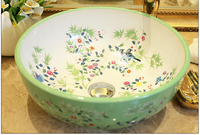 Lavabo Hecho a Mano por Proveedor Chino, Lavabo Redondo de Cerámica con Diseño de Flores y Pájaros, Lavabo Decorativo Colorido para Baño en Venta