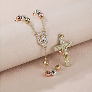 사용자 정의 금도금 묵주 구슬 가톨릭 종교 십자가 목걸이 방수 공 구슬 지르콘 돌 기독교 묵주 - Product Image 2