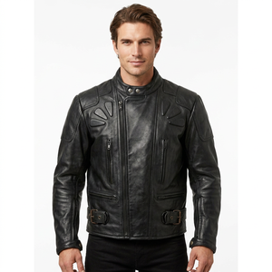 Blouson de moto en cuir véritable noir pour homme, col montant, avec boucle, fabricant OEM ODM - Product Image 1