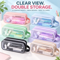 Trousse de Maquillage Double Couche en Maille de Capacité Moyenne, Étui à Crayons Transparent Portable avec Poignée pour Étudiants
