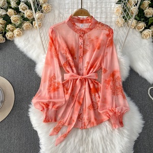 Conjunto de 2 Piezas de Moda: Camisa Elegante con Estampado Estilo Chino, Cuello Mao y Manga Farol, Top y Falda que Define la Cintura para Mujer - Product Image 6