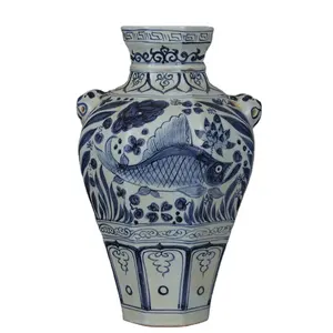 위안 왕조 중국 골동품 복제 파란색과 흰색 물고기 패턴 경매 도자기 꽃병