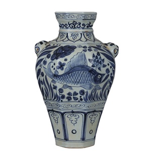 Jarrón de Porcelana de Cerámica de Reproducción Antigua China de <span class=keywords><strong>la</strong></span> Dinastía Yuan, Azul y Blanco con Patrón de Peces, Decoración de Mesa - Product Image 1