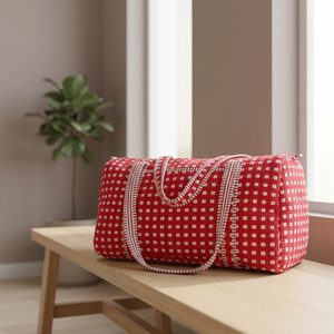 Red Checkered Textile Weekender <b>Duffel</b> <b>Bag</b> with Zipper Closure Large Capacity Travel <b>Bag</b> <b>Duffel</b> Travel Quilted Gym Weekender <b>Bag</b> - Product Image 3