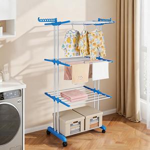 Séchoir à linge pliant télescopique domestique en métal sur pied double avec roulettes - Product Image 4