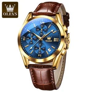OLEVS 2872奢华三眼皮带石英表不锈钢背定制批发中国男士手表真皮表带手表