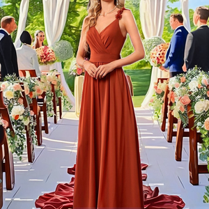 Vestido de Dama de Honor Casual de Primavera/Verano de Alta Calidad de Fábrica, con Volantes, Color Sólido, Cuello en V, Largo hasta el Suelo, Silueta en A, para la Noche - Product Image 2