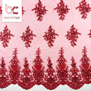 Luxury French Red Beads Tulle <strong>Lace</strong> <strong>Fabric</strong> with <strong>Heavy</strong> Beaded Embroidery Eco-Friendly Mesh <strong>Lace</strong> for Bridal Wedding Dresses - Product Image 2