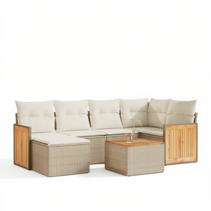 Set Divano da Giardino in Rattan Beige con Struttura in Legno di Teak, 6 Posti, Arredamento da Esterno dal Design Contemporaneo con Cuscini - Product Image 1