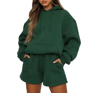 Wholesale women sportswear high quality 100%cotton fleece custom women hoodie with shorts 2 piece set