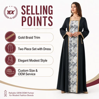 Abaya noire sur mesure pour femme avec bordure tressée dorée et imprimé rose, ensemble deux pièces OEM