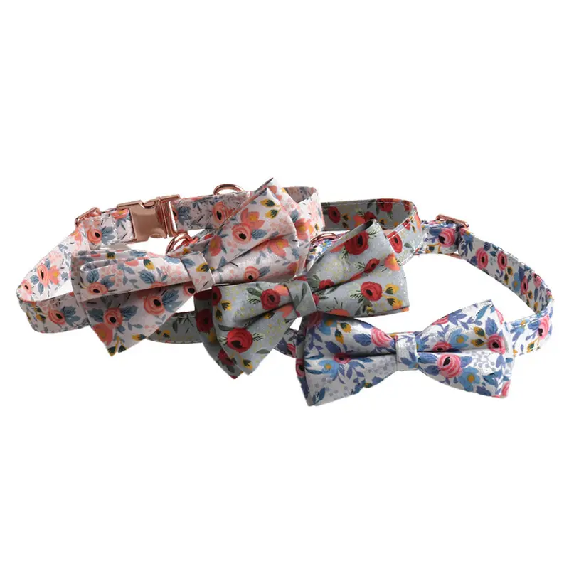 New Design Fashionable Floral Flower Bowknot Adjustable Cotton Fabric Bowtie Rose Gold Pet Dog Cat Collar