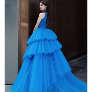 Halter Neck Blue Tulle Ball Gown Wedding Dress Natural Waistline Mesh Fashion Element For Women - Product Image 2