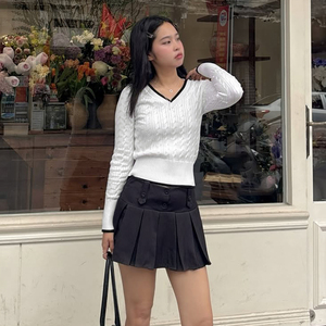 Suéter de mujer de estilo pijo Color sólido con cuello en V Cable Knit manga larga Casual moda pulóver - Product Image 3