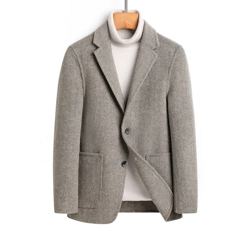 Double Sided Tweed Casual Men's Jacket Short Men Slim Fit Wool Blazer