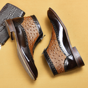 Bottines à bout pointu en cuir verni pour homme, imprimé autruche, fermeture éclair avant, bottes tendance en cuir véritable - Product Image 3