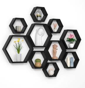 Étagères flottantes hexagonales en <span class=keywords><strong>bois</strong></span> <span class=keywords><strong>flotté</strong></span> rustique noir-Rangement <span class=keywords><strong>mural</strong></span> en nid d'abeille pour salle de bain, cuisine et espaces de vie - Product Image 1