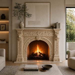 Chimenea tradicional de mármol con tallado ornamentado, de piedra arenisca beige, para interiores, con estufa de leña para comedor. - Product Image 6