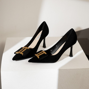 Youjianmei Shoes <b>Black</b> Velvet Pointed Toe <b>Pumps</b> With Gold Buckle High Heel Women's Fashion Shoes - Product Image 2