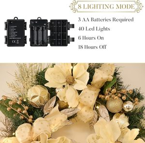 Guirlande <span class=keywords><strong>de</strong></span> <span class=keywords><strong>Noël</strong></span> pré-éclairée Valery Madelyn <span class=keywords><strong>de</strong></span> 24 pouces, blanche et dorée, avec magnolias et boules <span class=keywords><strong>de</strong></span> <span class=keywords><strong>Noël</strong></span>, pour montage sur porte, décoration extérieure - Product Image 5
