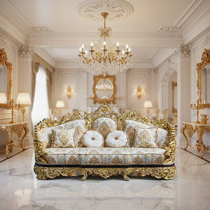 Sofá de Madera Maciza Tallada de Lujo Francés, Estilo Europeo para Sala de Estar, con Lámina Dorada, Tela Importada, Esponja, Hecho a Medida, Sofá de Alta Gama para Villa - Product Image 6