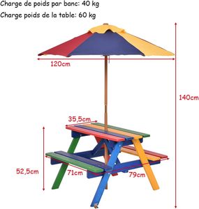 Table de jardin d'extérieur pour enfants <span class=keywords><strong>avec</strong></span> chaise en bois Bancs d'activité <span class=keywords><strong>parasol</strong></span> amovibles pour jardin pour pique-niques et cadres d'escalade - Product Image 4