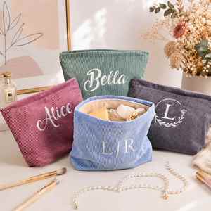 Pochette de maquillage en velours côtelé avec nom brodé personnalisé, trousse de toilette pour fête nuptiale, cadeaux pour enterrement de vie de jeune fille - Product Image 2
