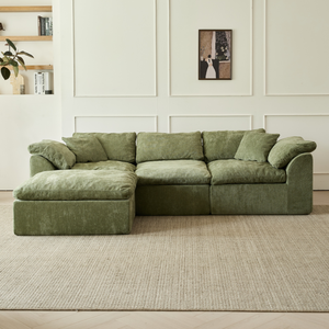 Sofá Seccional Cuadrado de Estilo Escandinavo, Tela Chenille Color Caramelo, Tres Plazas, Compresión al Vacío, Sofá Nube Extra Grande con Otomana - Product Image 1