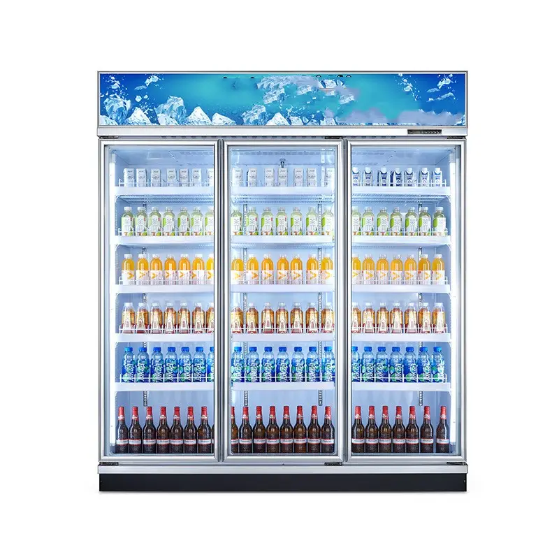 Présentoir de boissons de supermarché Réfrigérateur vertical à trois portes en verre