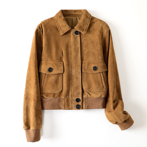 531 Autumn and Winter New Goat Leather Suede Suede Lapel Pocket Long Sleeved Short Jacket Jacket for Women
