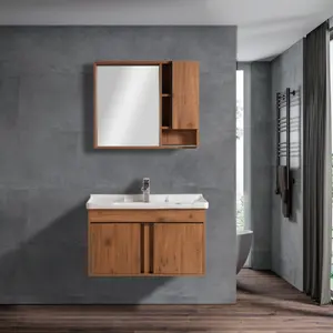 Conjunto de banheiro moderno em PVC sem tinta para parede com pia e espelho em tom de madeira