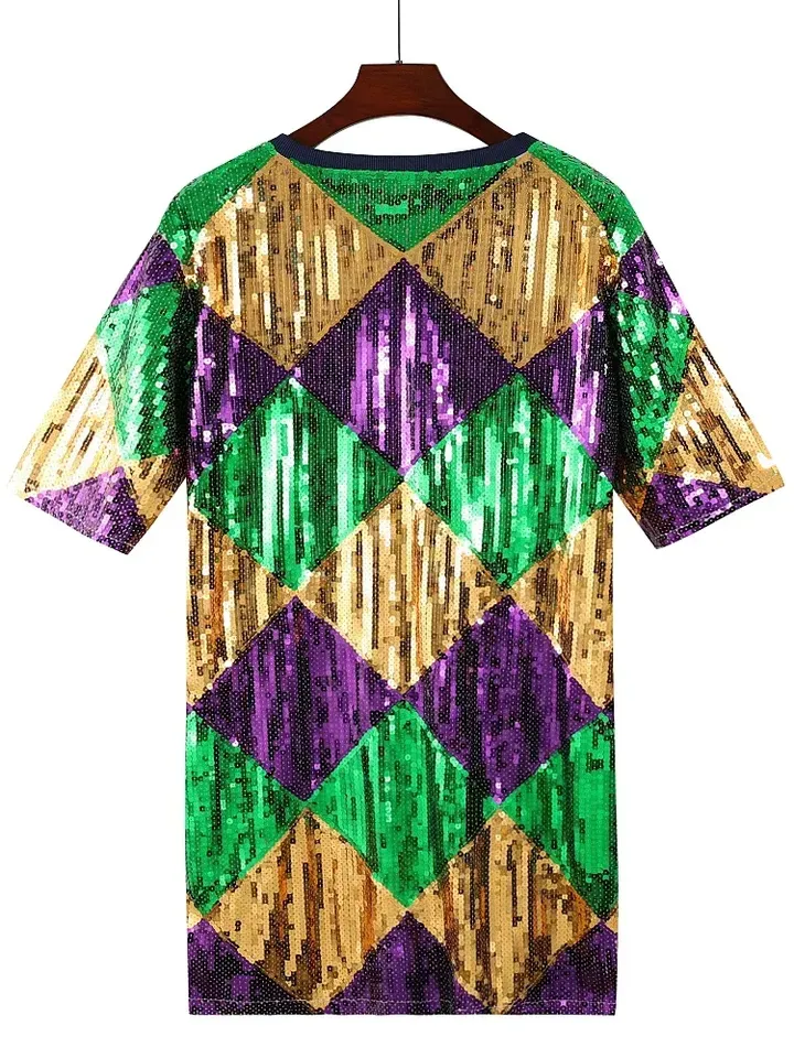mardi gras jersey dress Festival Costume Bling Women Diamond Sequin Shift Long Oversized Loose Sequin T-shirt Top SCOOP NECK