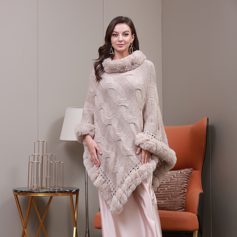 Женский вязаный шерстяной пуловер, пальто, однотонная накидка из искусственного кашемира, с большим меховым воротником, женское пончо, шаль на заказ