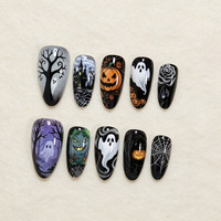 Lot de 30 faux ongles press-on violets-noirs, style français, motif ciel étoilé, pour Halloween, courts, en forme d'amande, brillants et pré-dessinés