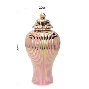 Vase à fleurs en céramique haut de gamme, style pot à gingembre chinois, en porcelaine de luxe, avec couvercle, à nervures dorées, pour la décoration intérieure - Product Image 4